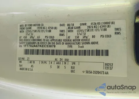 2019 Ford F-250 Xl from USA, damaged, VIN 1FT7X2A67KEC53878